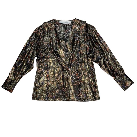 IRO Milana Metallic Printed Top Blouse 40 US 8 Black Silk Long Sleeve V-Neck - Picture 12 of 12